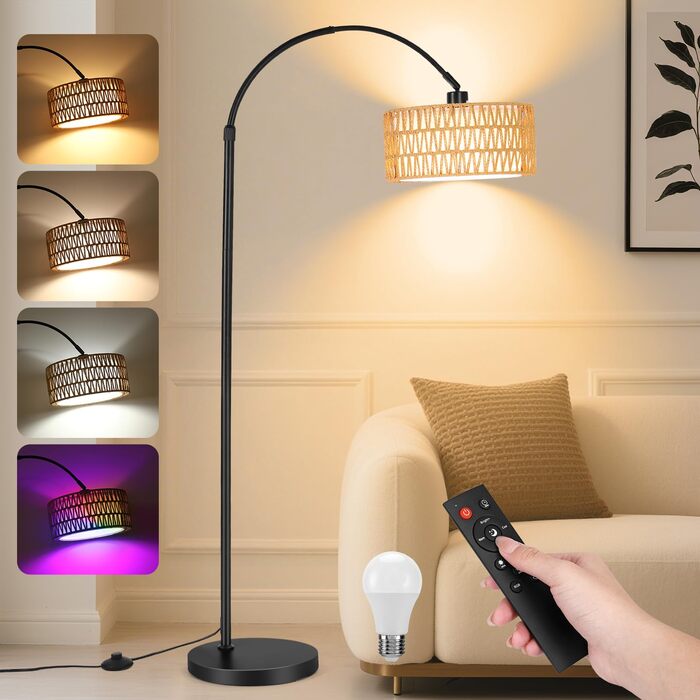 Торшер для вітальні Stehlampe 9W LED з димером, пульт ДУ, лампа E27, чорний. Арка, підлоговий світильник для спальні, офісу
