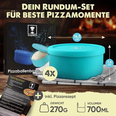 Pizza Ball Box with Lid, 4-Piece Set - Ideal as a pizza box, dough box, proofing box, for up to 350g of pizza dough, non-stick silicone, freezer and dishwasher safe, food-grade.