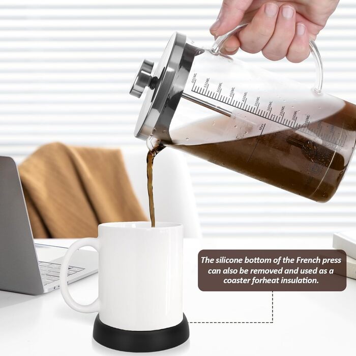Френч-прес 600мл з нержавіючою сталлю, кавова преса, для приготування кави та чаю, стійке до нагрівання скло, підходить для миття в посудомийній машині