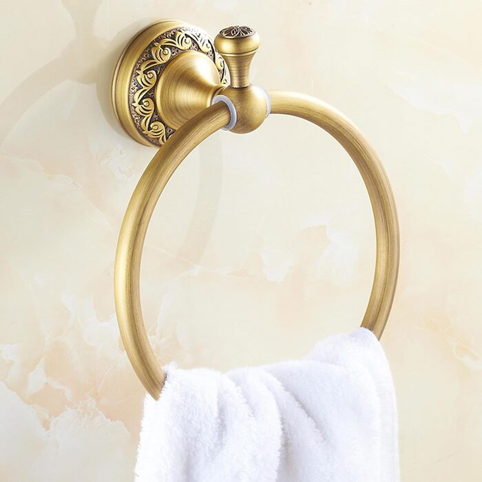 Brass toothbrush holder, antique bronze finish, cup holder with white ceramic cup, wall-mounted, bathroom accessory, patterned carving design (towel ring)