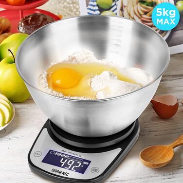 Кухонні ваги Duronic KS5000 BK/SS: цифрова вага з мискою 2.5 л, точність 1 г, функція тарування