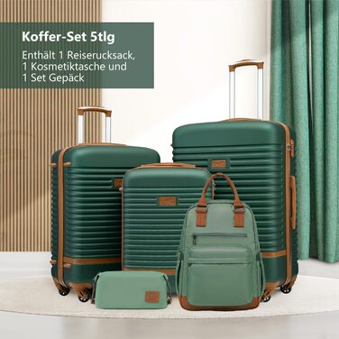 COOLIFE Suitcase Trolley Luggage Travel Suitcase made of ABS Hard Shell Trolley with 4 Wheels and TSA Lock. The suitcase includes 1 Travel Backpack and 1 Toiletry Bag (White/Brown, Large 3-Piece Suitcase Set) (5-Piece Suitcase Set, Dark Green/Brown)