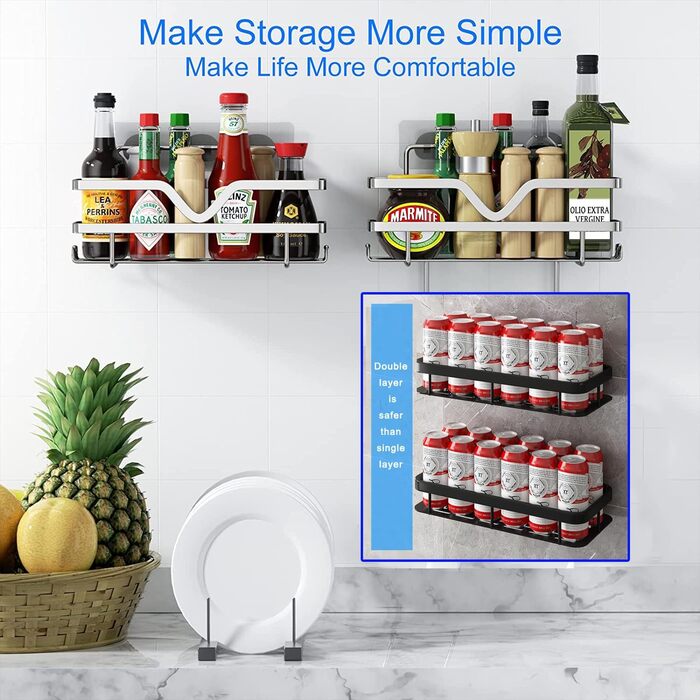 Двопакетна поличка для душу ASelected, органайзер для ванної кімнати без свердління, полиця для душу/кухні з тримачем для бритви, міцна нержавіюча сталь, 4 гачки, сріблястого кольору