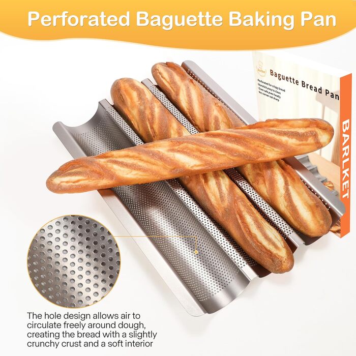 Форма для випічки багетів перфорована антипригарна Baguette-Brotpfanne 3 шт. з тканиною для розстойки та набором для нарізки тіста, 38.1 см Gold