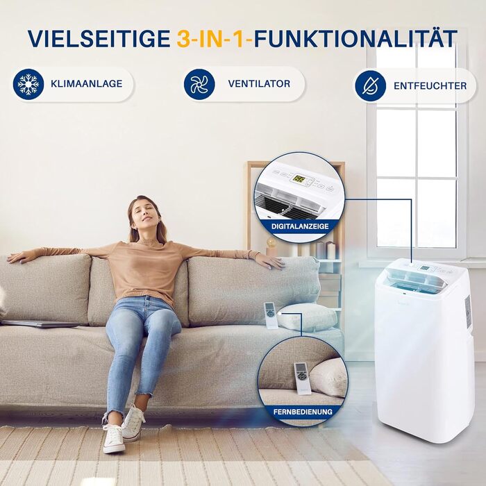 Мобільний кондиціонер SereneLife 9000 BTU (12000 BTU EU) – 3-в-1: кондиціонер, вентилятор, осушувач повітря. Для приміщень до 42 м², білий