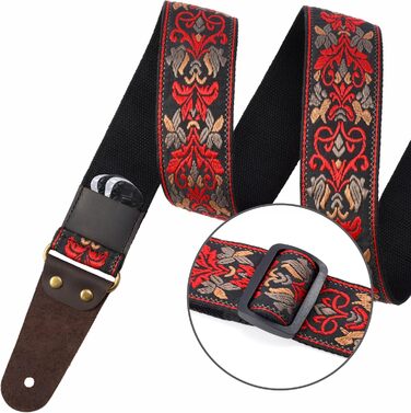 Гітарний ремінь Nefelibata: 2 шт., вишиті, з повним шкіряним краєм, прихованою кишенею, для бас-, електро- та акустичних гітар, безкоштовна пряжка, замок та медіатори. Червоний ретро-квітка