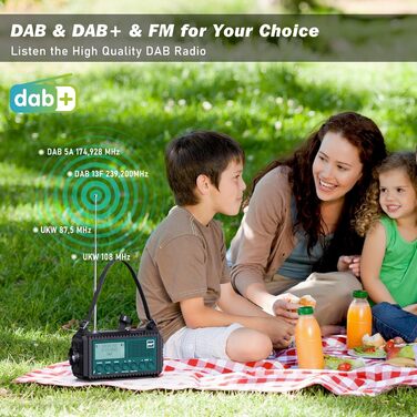 Радіоприймач Kurbelradio з DAB+/DAB/UKW, акумулятор 5000mAh, ліхтарик та світло для читання, FM, USB зарядка для телефону, динамо, SOS-сигнал, для кемпінгу та подорожей, Bluetooth, блакитний