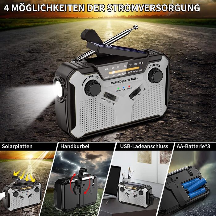 Радіо Solar Radio AM/FM портативне, з ручним генератором, аварійне радіо з акумулятором 4000mAh, ліхтарик, SOS-сигнал для кемпінгу, відпочинку на природі та надзвичайних ситуацій (сірий)