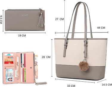 Сумка жіноча TANTOMI з гаманцем: велика сумка для офісу, школи, покупок, сіро-бежева з пензликами та пухнастим брелоком
