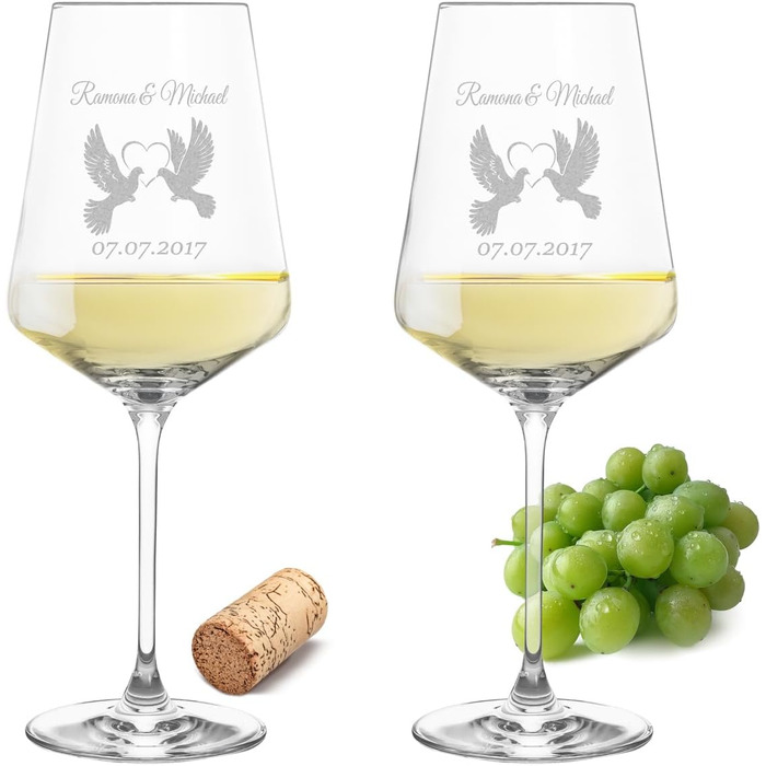 Leonardo Wine Glasses Set of 2 with Wooden Box and Engraving for Him & Her with Love Doves. Only love counts. Personalized with name & date. Leonardo Puccini 560ml
