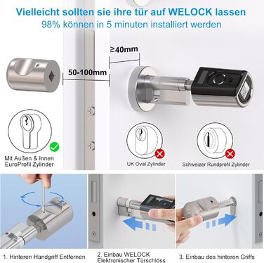 Електронний дверний замок WELOCK Touch41 з відбитком пальця, Wi-Fi, Bluetooth, RFID, IP65, для дверей 50-100 мм, сумісний з Alexa