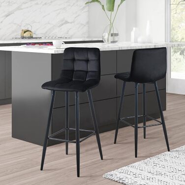 Velvet Bar Stools Set of 2 with Backrest - 66cm Seat Height - Black Kitchen Bar Stools for Countertops