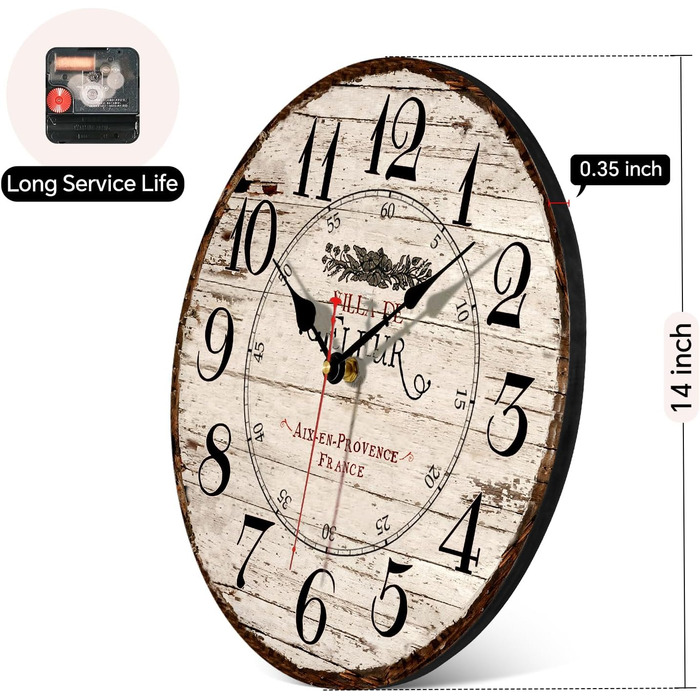 Toudorp 14 Inch Wall Clock Wooden French Country Style Quiet Wall Clock Easy to Read Battery Powered Home Decorative Retro Wall Clock