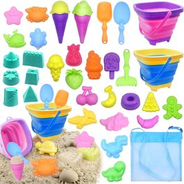 HOVIBU Beach Sand Toy for Kids, 35 Piece Beach Toy Set with Sand Shovel, Folding Bucket, Sand Molds, Mesh Bag Beach, Sandbox Toy Gifts for 3+ Years Girls Boys