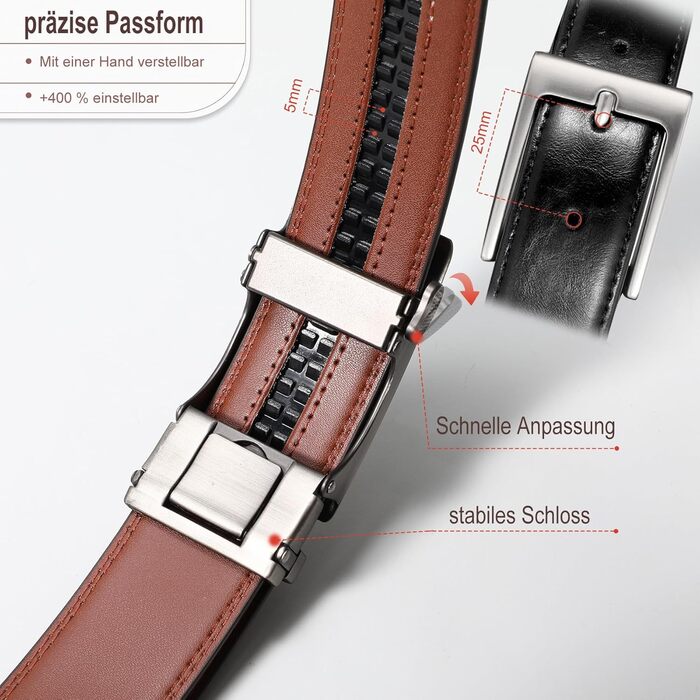 Чоловічий шкіряний ремінь WHIPPY Automatik з регулюванням, ширина 35 мм, колір D-brown, довжина 130 см (підходить для штанів 101-115 см)