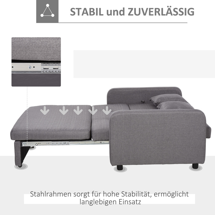 HOMCOM Sleeper Sofa, Sleeper Couch with Storage, Throw Pillows, Armrests, 2-Seater Sofa Bed with Sleeping Function, Linen Look, Upholstered Couch with Wheels for Living Room, Bedroom, Grey | Aosom