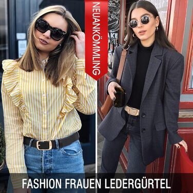 Жіночий шкіряний ремінь WHIPPY великого розміру, модний джинсовий ремінь з міцною пряжкою для джинсів, штанів, суконь (чорний + бежевий (золота пряжка), 3XL: 150 см (під талію 134-145 см))