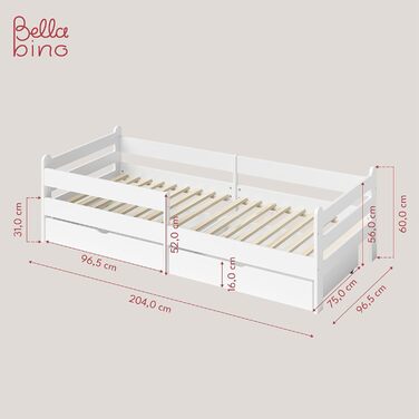 Bellabino Kinderbett Kuru 90x200 with 2 Drawers, Single Bed for Children incl. Fall Protection and Slatted Frame, White Children's Bed, Bed for Boys and Girls with Drawers White