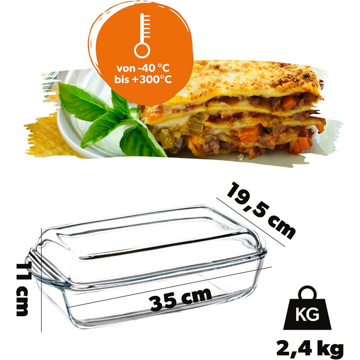 Жаростійка форма для запікання KADAX 3.95 л з кришкою, прямокутна скляна посудина для духовки та електроплити, прозора, для лазаньї та м'яса