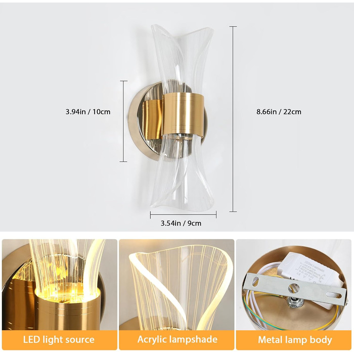 DELIPOP Настінне світильник Wandleuchte, 12W LED, 3 кольори світла (теплий/холодний/нейтральний), золотий, для спальні, вітальні, коридору, сходових маршів