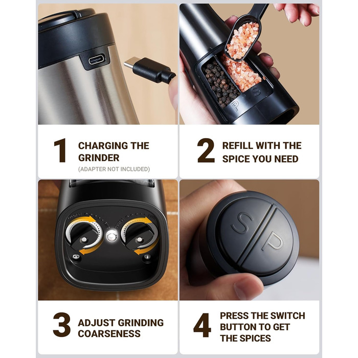 Sangcon електрична млинка 2 в 1 для солі та перцю, USB зарядка, автоматична одноручна, підсвітка, керамічний механізм
