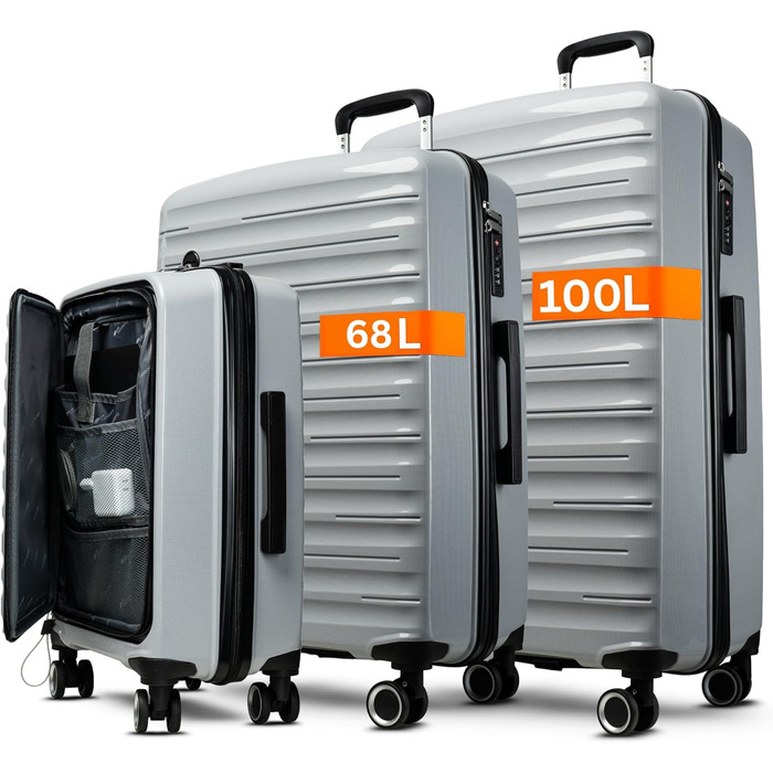 Великий валіза 100 літрів з TSA замком: валіза, ролер, валіза для подорожей, жорсткий корпус, сірий (SET)