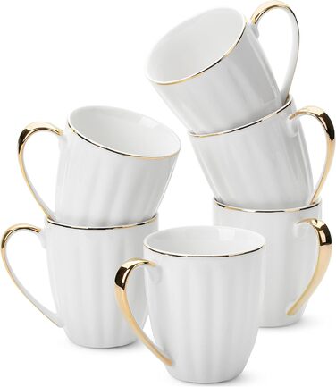 BTaT - White Coffee Cups, Set of 6, 340 ml, White Porcelain with Gold Rim, Coffee Cup Set, Hot Chocolate, Ceramic Mug, Large Cups for Coffee, Hot Cocoa Cups, Coffee Cup Set amic
