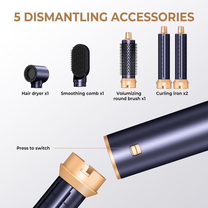 6-в-1 Стайлер для волосся 1000W з насадками: фен, плойка, об'єм, завивки, випрямлення. Колір: фіолетовий