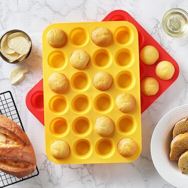 Silicone Mini-Muffin Tin, non-stick coated, 24 cavities, ideal for making muffins, cakes, tarts, bread, BPA-free, dishwasher safe, Red + Yellow, 2 pieces