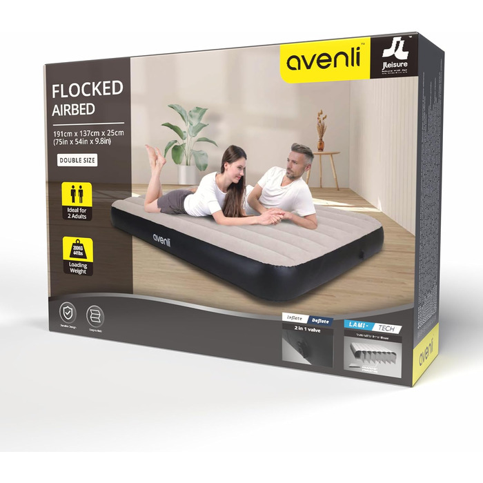 Надувний матрац Avenli для кемпінгу на 2 особи (191x137x25 см) - гостьовий матрац з флокованою поверхнею для дому та подорожей