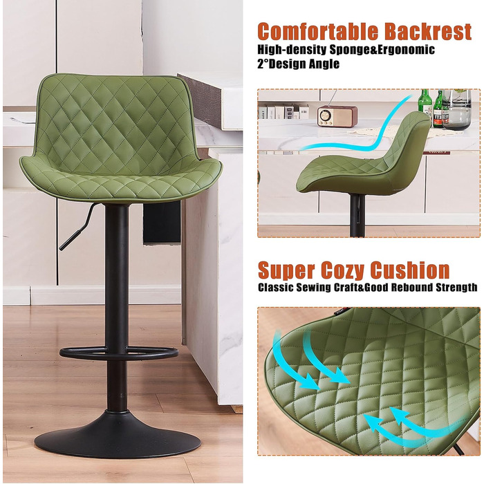 YOUNIKE Adjustable Bar Stools 2-Pack - Modern Kitchen Barstools with PU Leather Upholstery, Swivel Metal Bar Chairs for Counter/Island (Green)