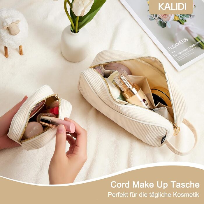 Косметичка для жінок KALIDI з корду, зелено-бежева, з відділеннями, на блискавці, для подорожей