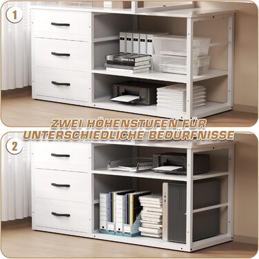 TriumphKey L-Shaped Desk with 3 Drawers & Storage, 140 x 105 x 75 cm - Reversible Corner Desk with USB Charging Ports & Power Outlets, White