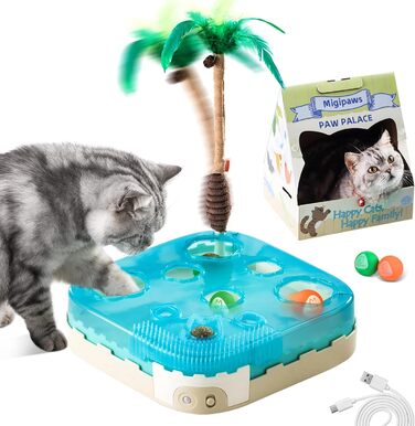 Migipaws Cat Toy, 7-in-1 Electric Interactive Cat Toy, Rolling Ball, Flexible Angel with Feathers, Catnip, Cat Grooming, Cardboard Cat House, Paw Palace for House Cats