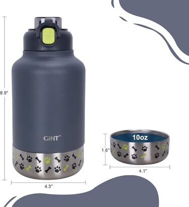GiNT Ізольована пляшка для води з нержавіючої сталі для собак та людей, багаторазова поїлка-дозатор знімними мисками та сумкою, не протікає, для прогулянок, походів, кемпінгу, авто (темно-сірий)