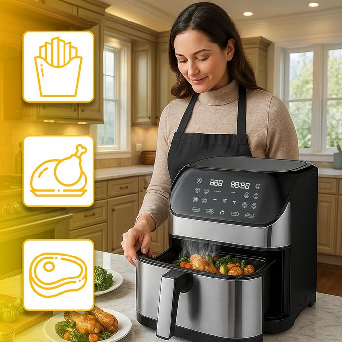 Аерофритюрниця Retoo 6.5л 1800Вт, 10 програм, до 200°C, з цифровим керуванням, нержавіюча сталь (чорний/срібний)