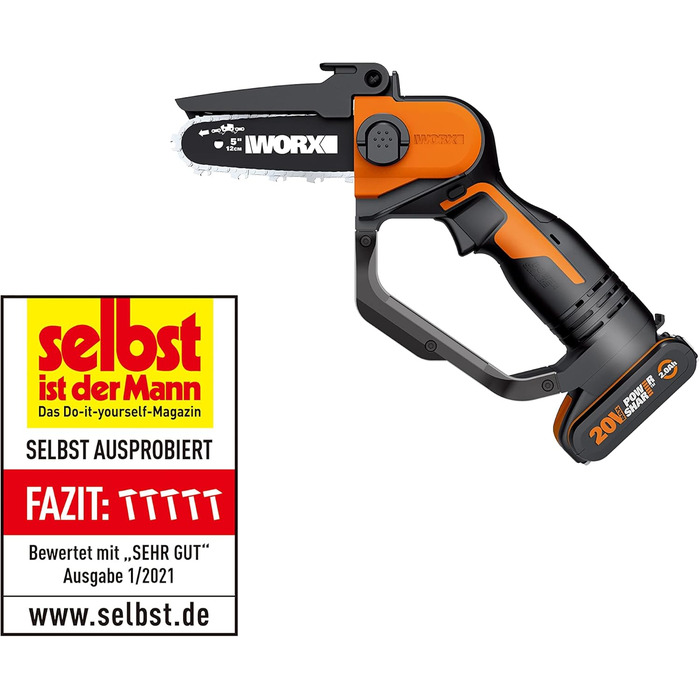 WORX WG324E Cordless One-Handed Pruning Saw 20V - 12cm Sword Length - Lightweight & Comfortable - PowerShare Compatible - with Battery and Charger