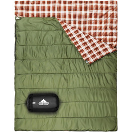 Cotton Flannel Double Sleeping Bag for Camping, Hiking - Queen Size 2 Person Waterproof Sleeping Bag for Adults & Teens - Lightweight (Green/Brown)