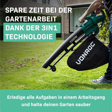 VONROC Electric Leaf Blower 3300W - 3-in-1 Leaf Collector Function - Blow 270km/h, Vacuum, Shred - Includes 40L Collection Bag