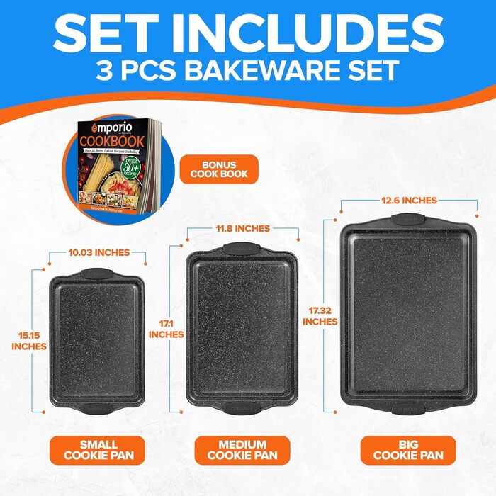 Набір форм для випічки Emporio Kitchen – антипригарне покриття, набір з 3 шт., з нержавіючої сталі, силіконові ручки, без PFOA, PFOS, PTFE, рецептурник, до 230°C (сірий)