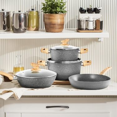 Набір посуду DishDelight 12 шт: сковороди та каструлі з антипригарним покриттям, підходить для індукційних, газових плит та мікрохвильовки, сірий