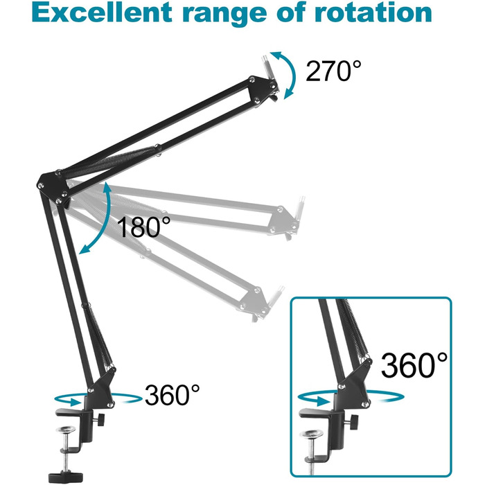 Кріплення для мікрофона на кронштейні, регульоване, чорне, з амортизатором, поп-фільтром, 5 кабельних стяжок. Підходить для запису, подкастів, телевізійних студій
