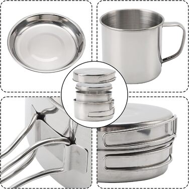 Набір кухонного посуду для кемпінгу, 8 предметів: каструля та сковорода з нержавіючої сталі, тарілки та чашки для відпочинку на природі, походів та рюкзакових подорожей. Легкий набір для приготування їжі в рюкзаку