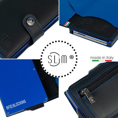 SLim жіноче та чоловіче портмоне - картхолдер з відділенням для монет та RFID захистом, Made in Italy (Чорний та Синій)