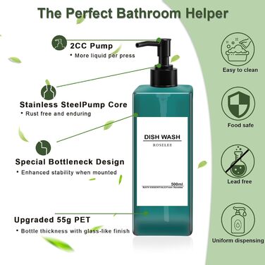 Набір дозаторів для мила Roselee (4 шт.), зелені, 500 мл. Дозатори для душу, шампуню, кухні, ванної кімнати. Матеріал: пластик.