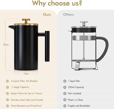 Enfmay French Press Coffee Maker, 1L Stainless Steel French Press with 4 Filters and Spoon, Detachable, Easy to Clean, Stainless Steel Insulated Coffee Pot Thermos for Home, Travel and Camping, Silver 1000ML Silver