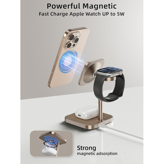 Станція зарядки LULULOOK Qi2 MagSafe 3 в 1 з алюмінію для Apple Watch та iPhone з підтримкою швидкої зарядки 15W (для iPhone 17 Pro Max/17 Pro/17 Air/17) та 5W (для Apple Watch Ultra, AirPods), титан