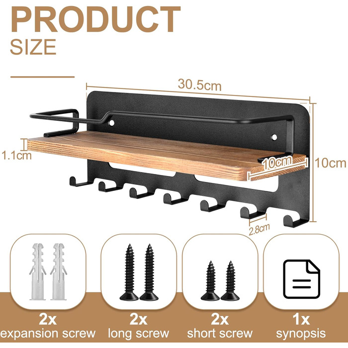 Дерев'яне ключове дошка JiangLin з полицею, декоративний тримач для ключів, настінна організація для ключів з 7 гачками, для входу, коридору, вітальні, чорний