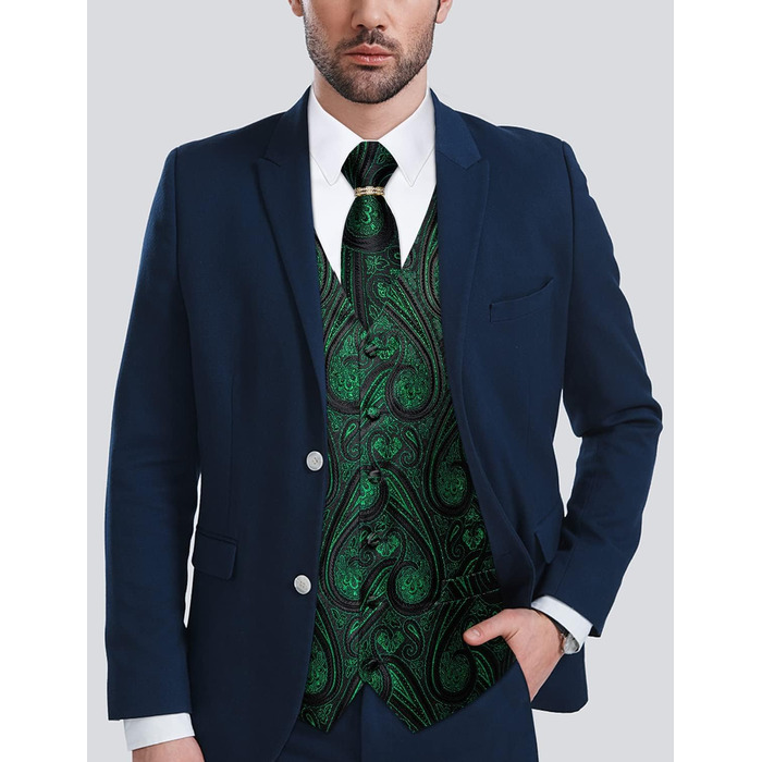 Костюмний жилет DiBanGu 5 шт. (жилет, краватка, нагрудна хустинка, запонки, кільце для краватки) XL, зелений/чорний