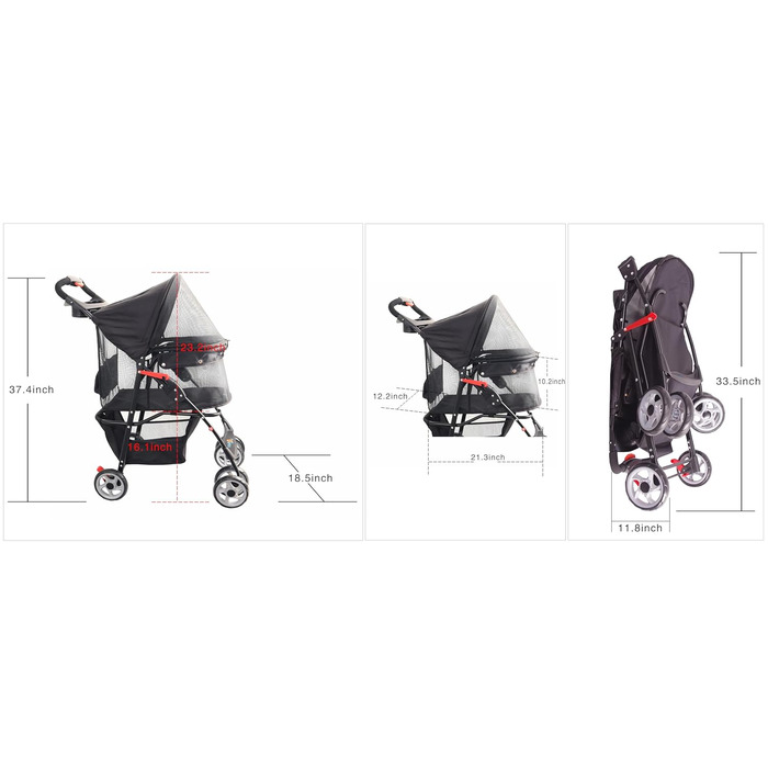 Дитяча коляска для тварин з замком, 4 колеса, кошик для зберігання, тримач для напоїв, для котів та собак